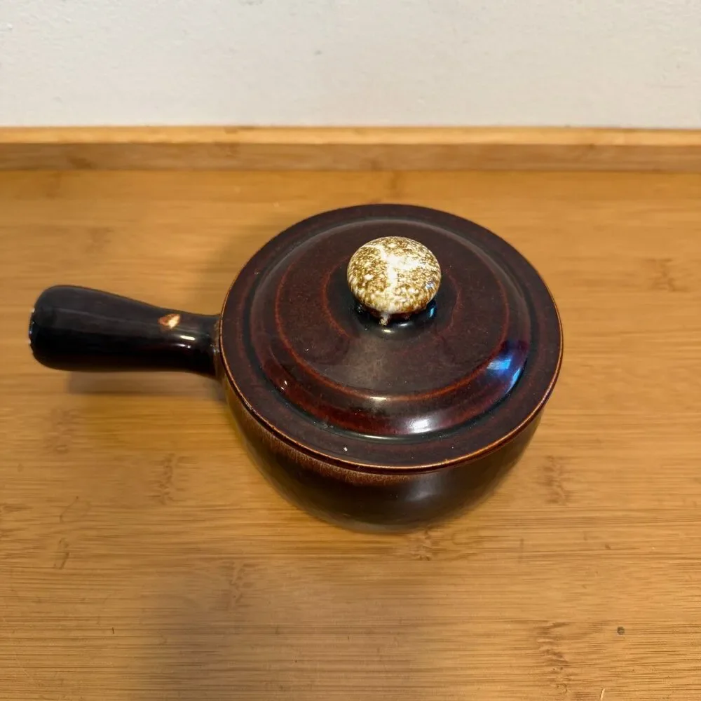 Vintage Brown Drip Glaze Stoneware Lidded Saucepan Crock Pottery 5”
